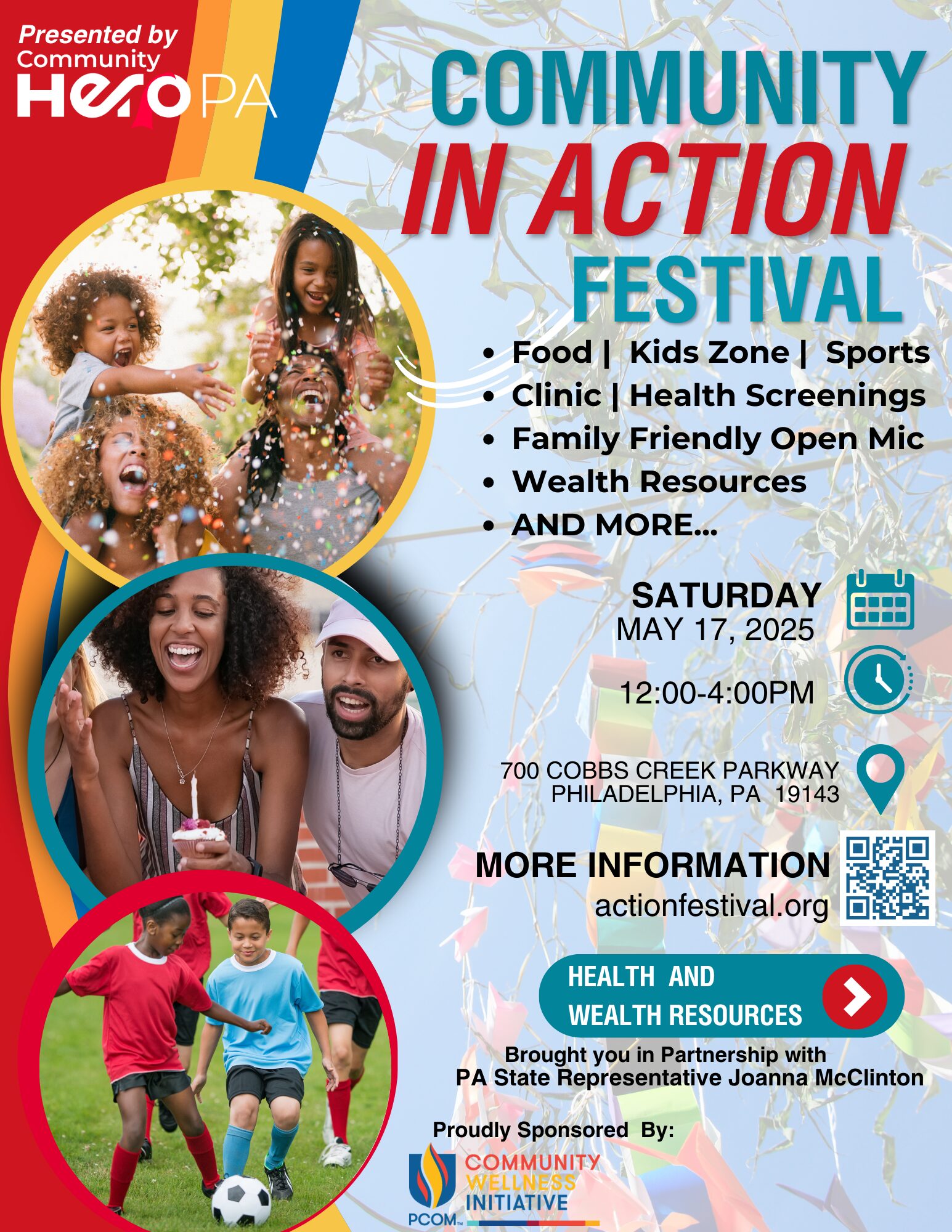 Community in Action Festival 2025 Flyer featuring images of family and people enjoying event.